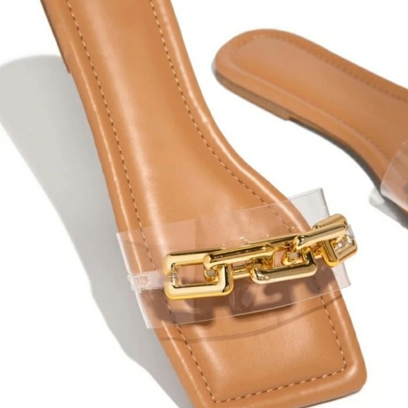 Square Tan Gold Chain Sandals - Picture 2 of 2